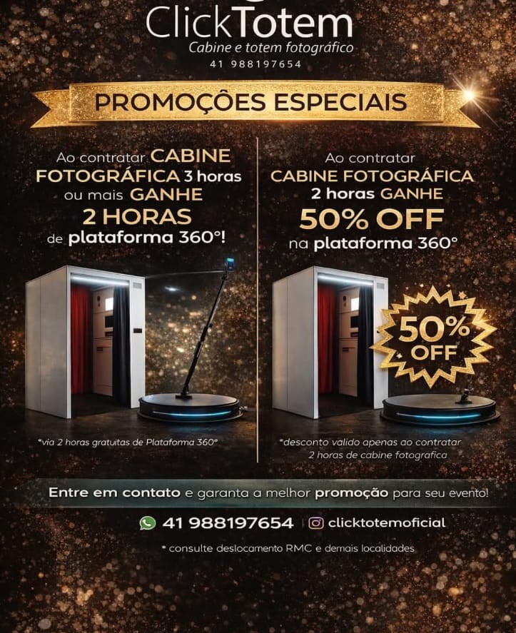 Promoções especiais Click Totem: cabine fotográfica com horas grátis de plataforma 360°