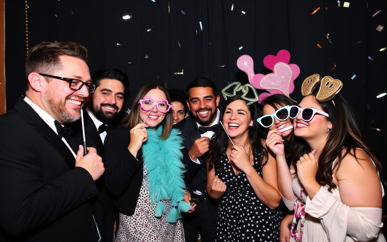 Convidados se divertindo com adereços na cabine fotográfica