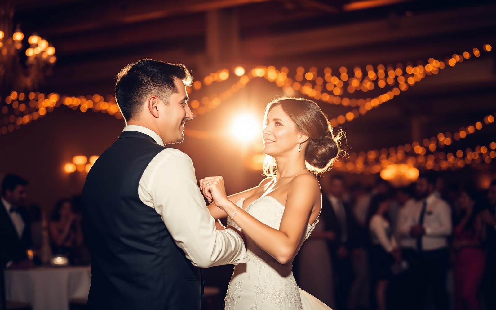 Casal dançando em festa de casamento iluminada